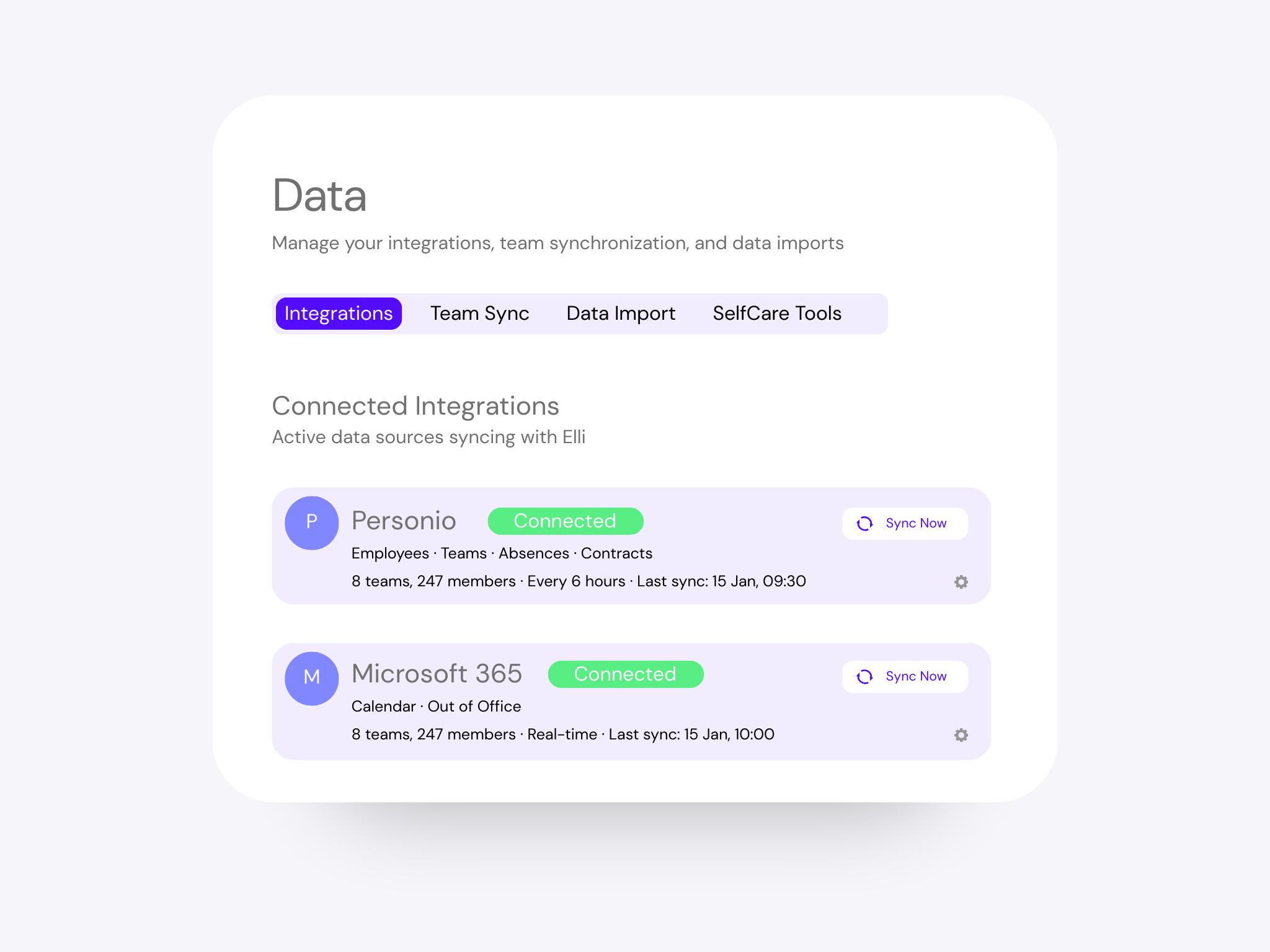 Connected HR integrations syncing data from Personio and Microsoft 365